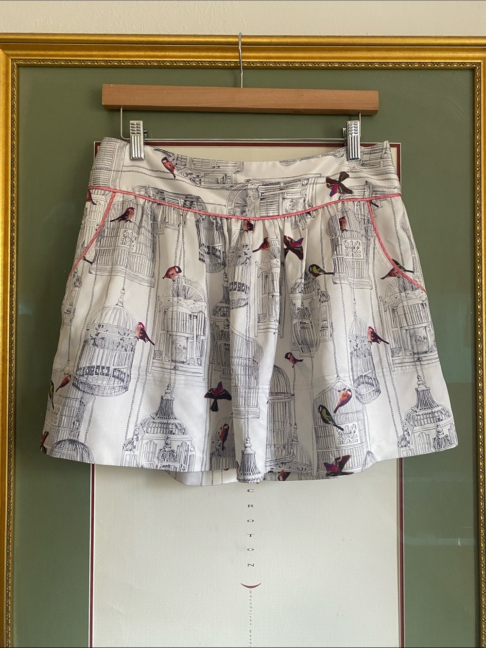 Ted Baker Pink Label A-Line Mini Skirt with Bird Print and Pockets